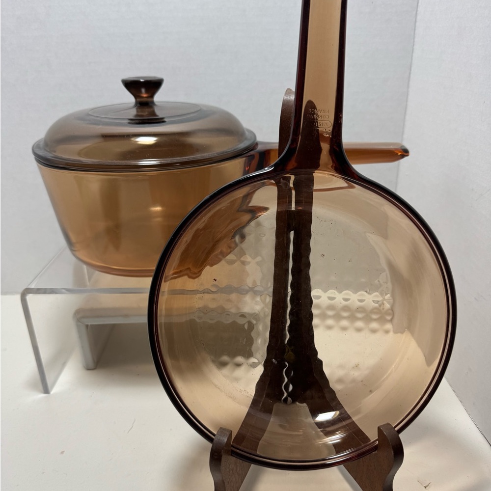 Corning ware vision 1.5 L Amber pot glass sauce, pan and lid W/7” skillet
